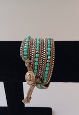 Boho Triple Wrap Beaded Bracelet Turquouse And Silver Colored W/Leather Buton