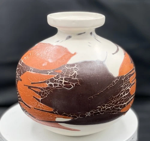 Vtg MidCentury ROYAL HAEGER MODERNIST ORANGE BROWN WHITE EARTH WRAP POTTERY VASE