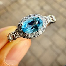 925 Sterling Silver Ring 6x4mm Natural Blue Topaz Gemstone Zircon Chain Jewelry