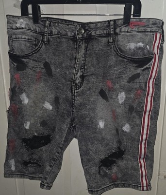Rue21 Mens Distressed Denim Shorts Size 36 Black/Gray Paint Splatter Side Stripe