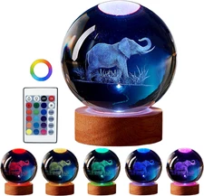 Elephant Crystal Ball Lamp, 3.15 Inch, Night Light with Wooden LED Base, Glass B