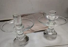 Steuben Signed Glass Teardrop Pair Of Candle Holders W / Steuben Bags  5 ' tall