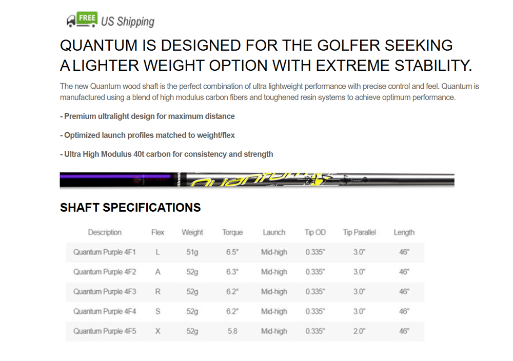 UST Mamiya Quantum Purple TSPX 4F3 Wood Shaft Regular Flex 4OT
