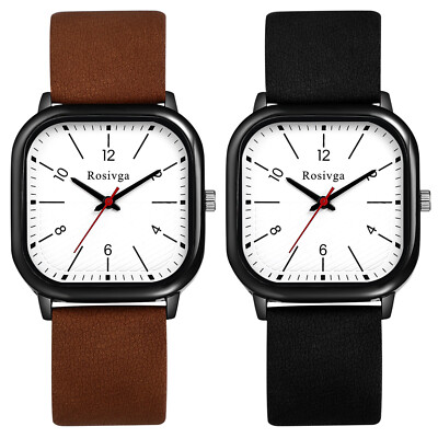 Classic Men Womens Simple Square Big Dial Leather Band Analog Quartz Wrist Watch