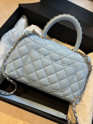 CHANEL Coco Handle 24 Flap Bag Light Blue Crossbody Purse Calf