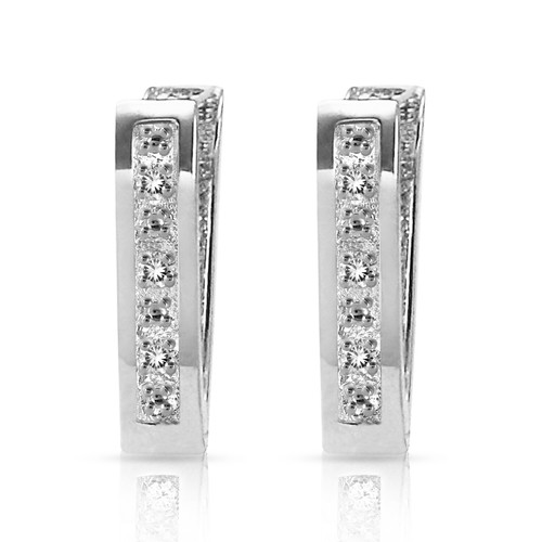 0.04 CTW 14K Solid White Gold Oval Huggie Earrings Diamond - Picture 2 of 5
