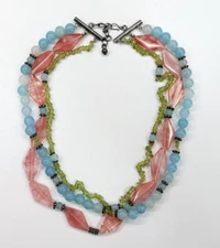 Pastel Quartz Peridot Beaded Stone Glass Multi Strand Sterling 18" Necklace