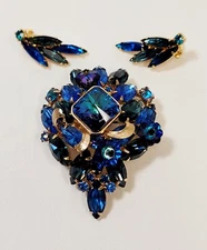 Vintage Alice Caviness Blue Rivoli Beads Rhinestone Brooch & Earrings Set