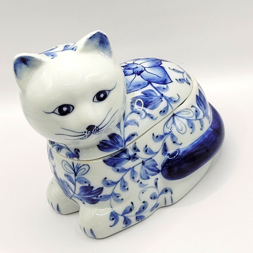 Blue Floral Cat Kitty Kitten Lidded Trinket Vanity Dresser Jewelry Dish Box - Picture 16 of 17