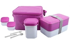 Insulated Hot & Cold 17-Pc Lunchbox 1.2-LTR W/Travel Cup,Sauce Containers, Pink