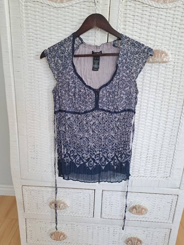 VTG Blouse Womens Blue/ Lt Pink Crinkle Boho Print Peasant Top Size Small