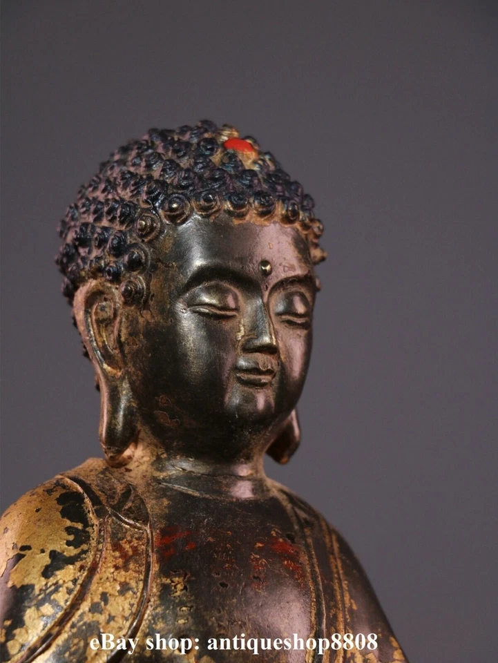 12" Tibet Buddhism Bronze Copper Clay Gold Shakyamuni Amitabha Buddha Statue - Image 4 of 4