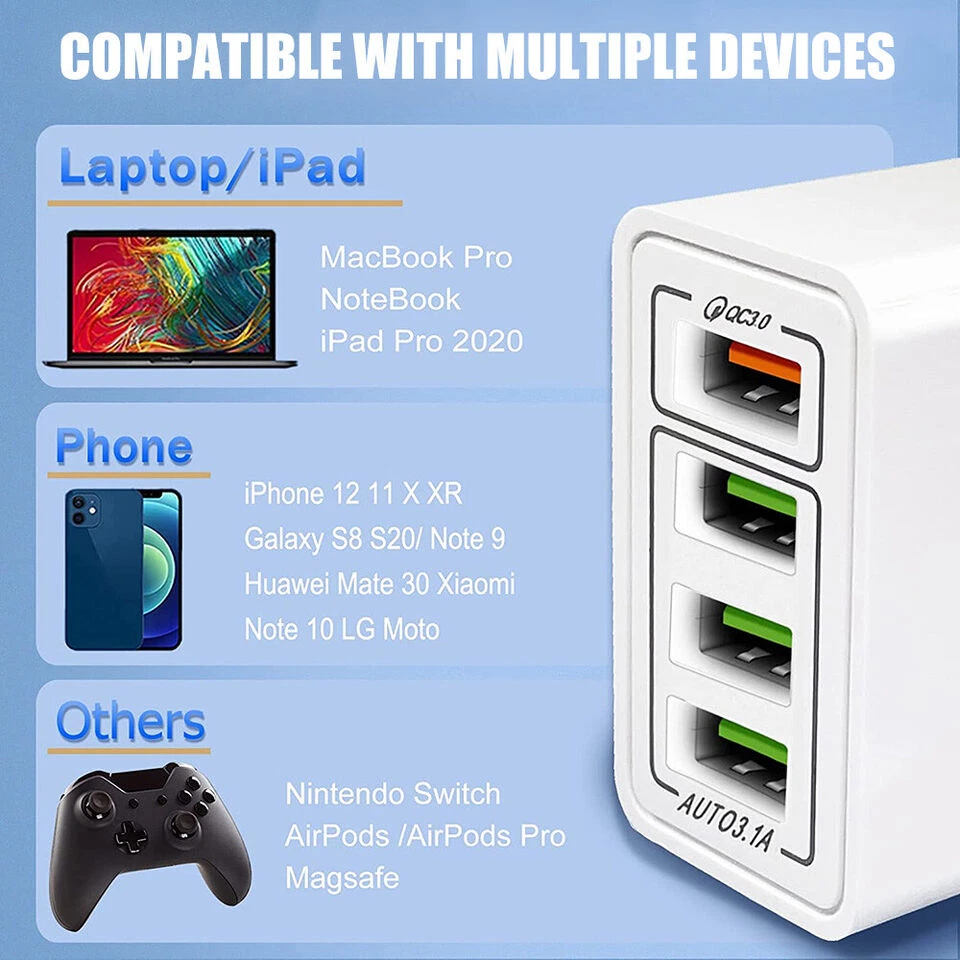 4 Port USB Wall Charger USB Fast Quick Charge QC 3.0 Power Adapter Plug US Lot - Image 3 of 4