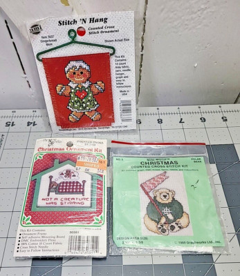 Lot 3 Holiday Counted Cross Stitch Ornament Kits Vtg NEW Gingerbread Bear