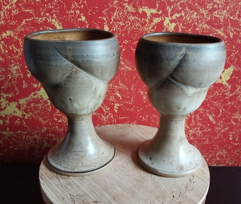 Set of 2 Vintage Natural Earth Tone Clay Art Pottery WARD Chalices Goblets Cups