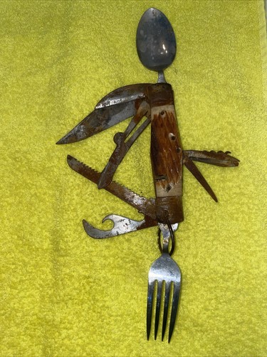 VINTAGE TRAPPER HOBO KNIFE VINTAGE USA BONE KNIFE FORK SCISSORS STAINLESS READ!
