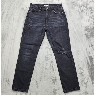 Zara Jeans Womens 10 Black Distressed High Rise Tapered Denim Destroyed Casual