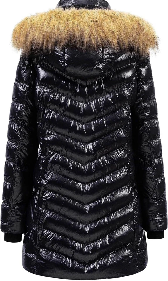 Abrigo largo acolchado con capucha de piel - Chaqueta de invierno azul brillante burbuja, acolchado cálido Foto 2 de 4