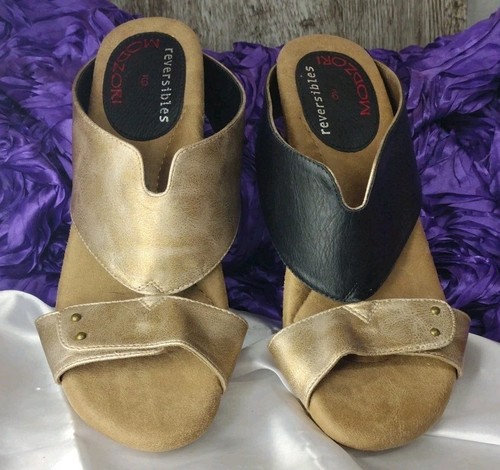 Modzor Argo Faux Leather Reversible Sandals Mid Wedge Gold Pearl/Black Sz 9 EUC - Picture 13 of 13