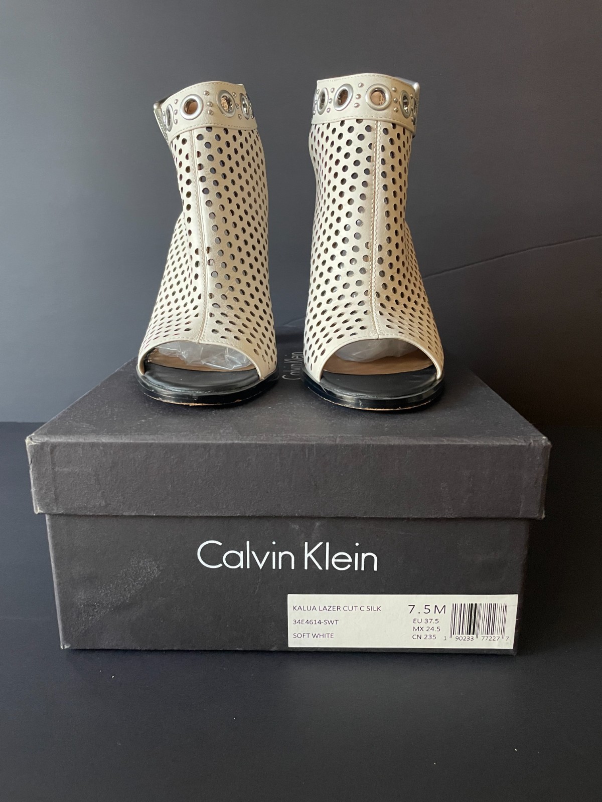 Calvin Klein Laser Cut Block Heel Sandals Ankle Strap, White, Womens 7.5 thumbnail 5