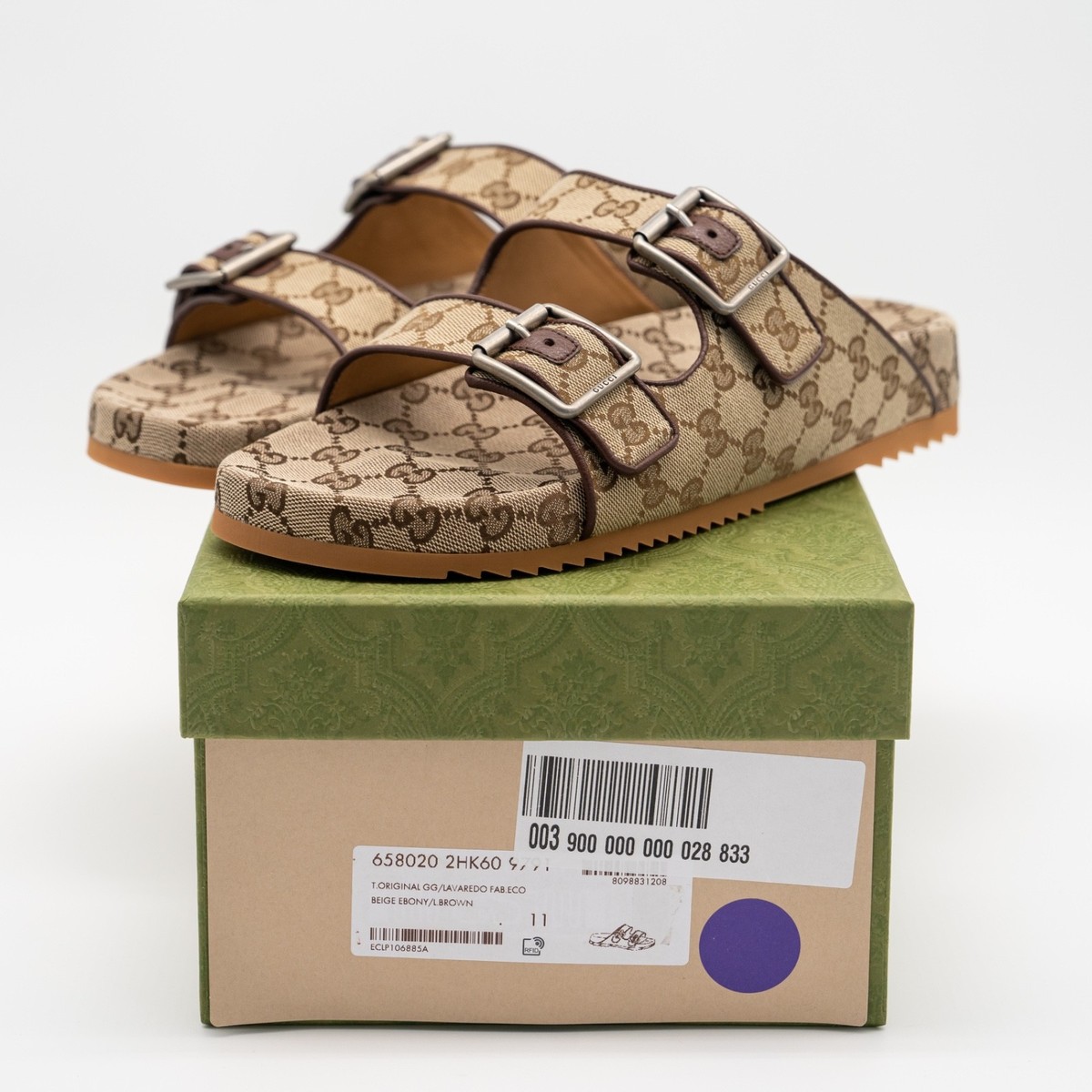 size 11G 11.5 US Gucci GG Canvas Slide Sandals Straps Beige Ebony
