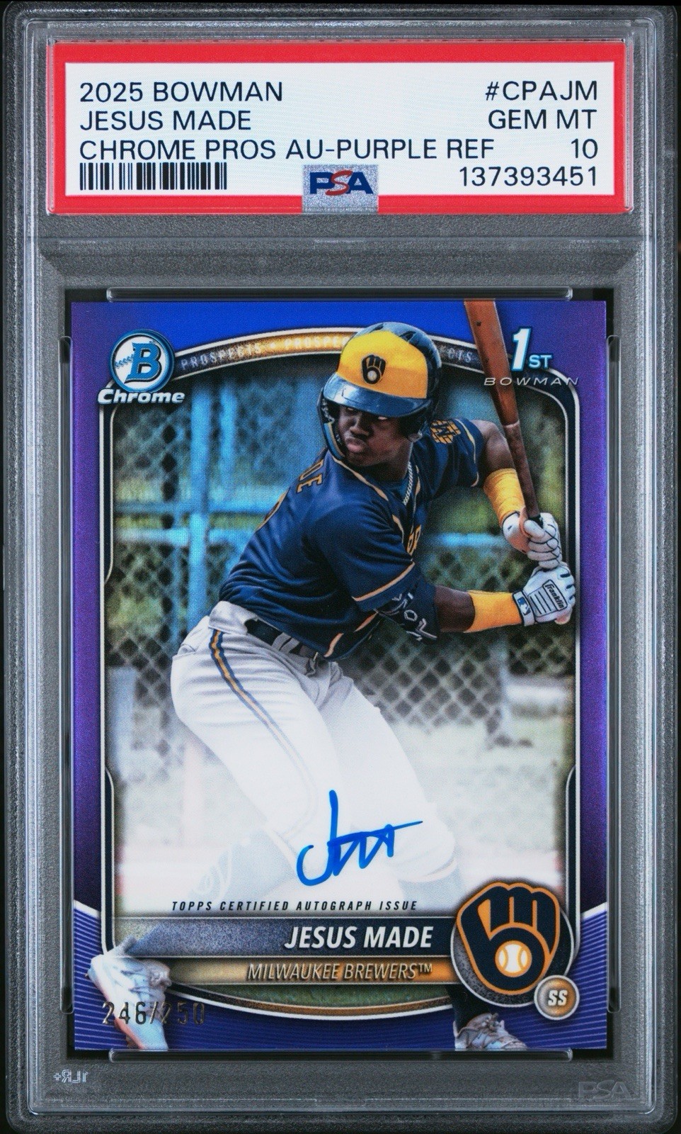 2025 Bowman Chrome Jesus Made 1st Bowman Auto Purple Refractor /250 PSA 10