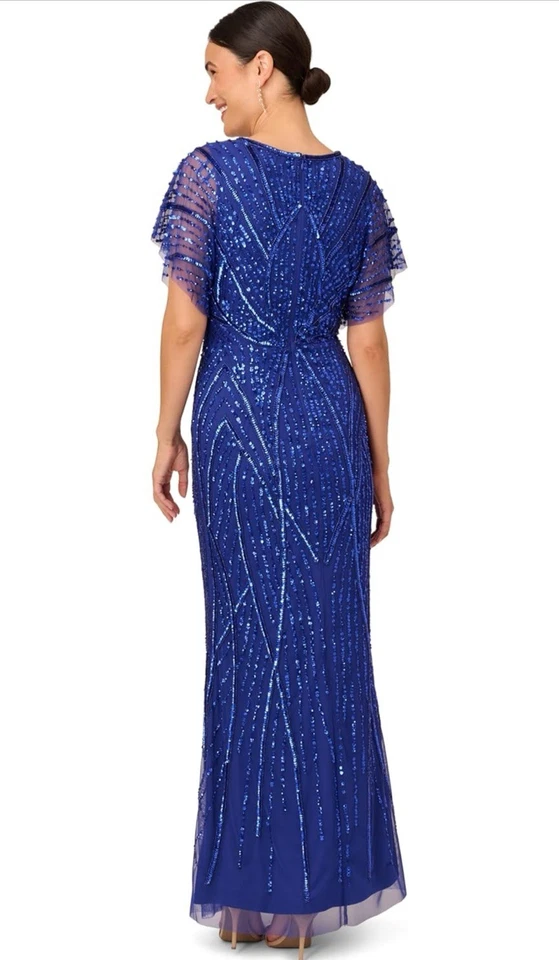 Vestido largo para mujer Adrianna Papell azul adornado manga acampanada talla 12 Foto 4 de 4