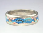 Super Vintage Estate Silver Tone Enamel Sea Creature Pink Blue Thumb Ring 11.5