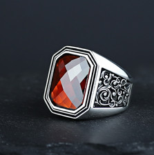 925 Men Handmade Engraved Red Garnet Stone Silver Ring
