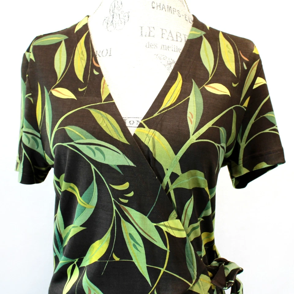 Adrianna Papell Green Classic Wrap 100% Silk Jersey Floral Mini Dress Sz 10 Y2K - Image 3 of 4