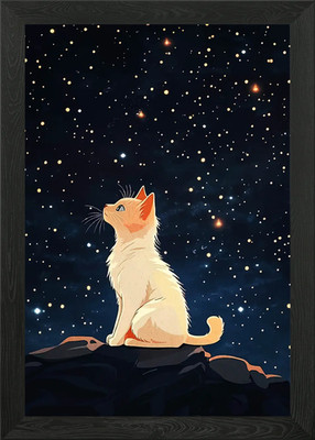Cat gazing at the starry sky Framed Wall Art Poster Canvas Print Picture