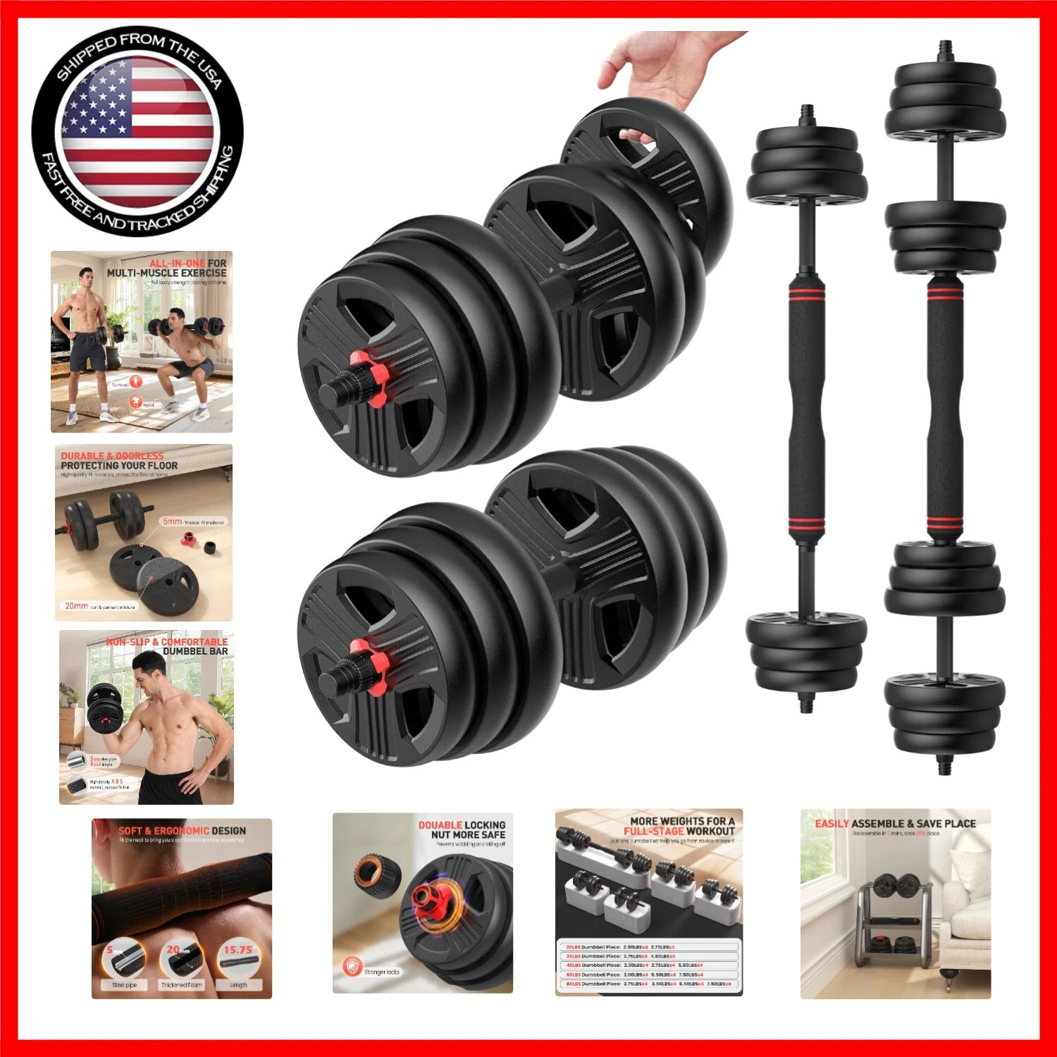 Adjustable 20-90lbs Free Weight Set with Non-Slip Grip - Home Gym Must-Have