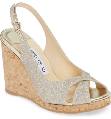 Jimmy Choo AMELY Gold Glitter Logo Cork Wedge WEDDING EU