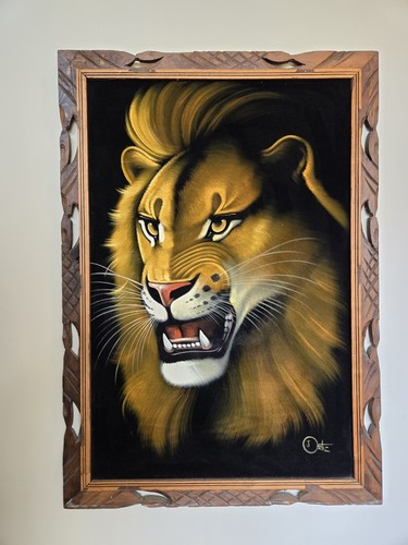 Huge 40x28 Wooden Frame Vintage Black Velvet Painting Ortiz Lion Head Mane - Picture 4 of 12