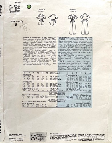 1980's VOGUE Misses' Jumpsuit Ralph Lauren Pattern 1349 Size 8 UNCUT - Picture 2 of 2