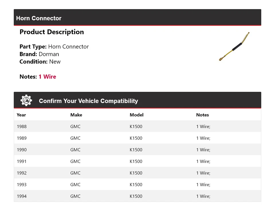 Conector de bocina Dorman para GMC K1500 1988-1994 1989 1990 1991 1992 1993 Foto 2 de 4