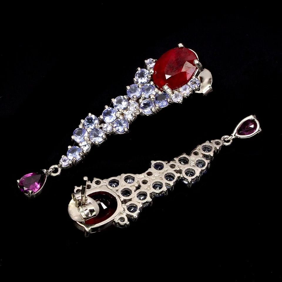 925 Orecchini Argento Sterling Ovale Rubino 10x8mm Rodolite Tanzanite Gemma - Immagine 3 di 4