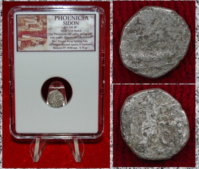 Ancient Coin PHOENICIA Sidon Galley King Fighting Lion Silver 1/16 Shekel 