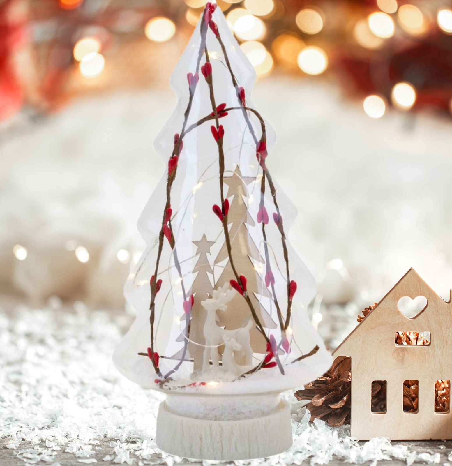 Light Up Glass Christmas Tree with Reindeer Forest Scene, Festive Ornament, Gift