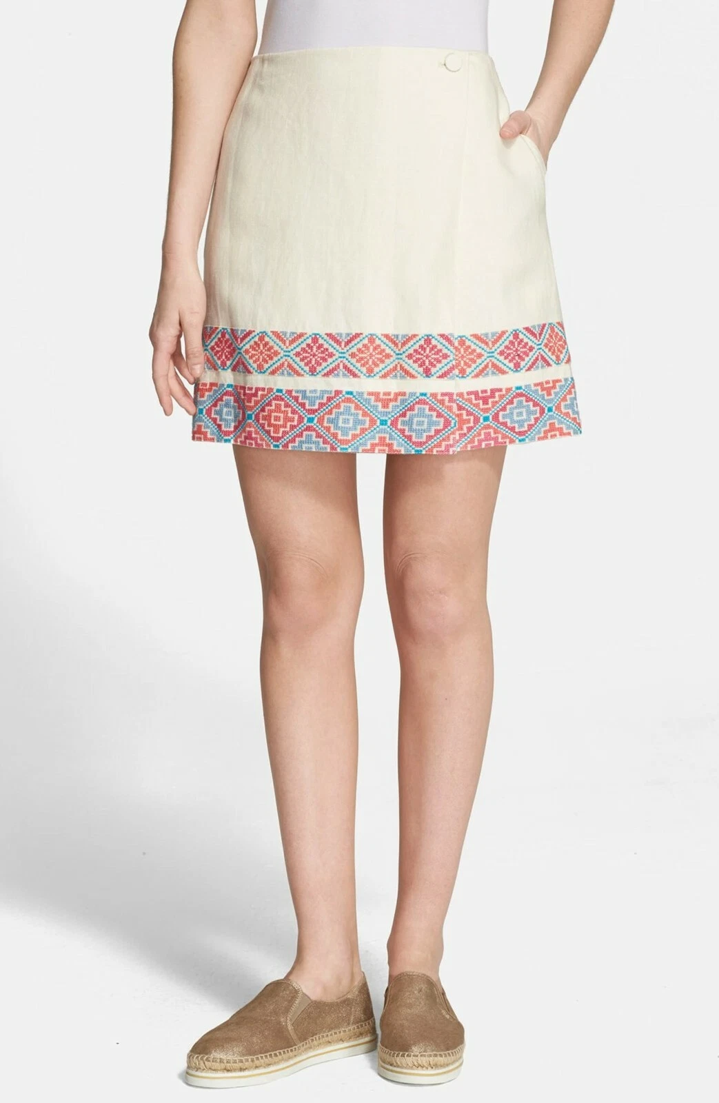 Tory Burch Ruby Ivory Linen Embroidered Faux Wrap Skirt Size 8 Orig $295