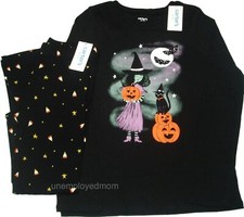 Girls Halloween 2 pc Outfit Witch Pumpkin Black Cat Tee Legging Top Shirt Pant