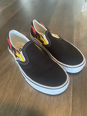 Vans Classic Black Flames Slip On Canvas Shoes Size 5.5