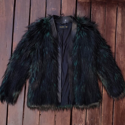 Balmain x H&M RARO Cuero/Chaqueta/Abrigo de Piel Sintética Negro Verde Y2K EE. UU. 6 UE 36 S - Imagen 16 de 24
