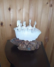John Perry Sculpture On Burlwood “Horses Of The Sea” 12.5" L X 10.5" H