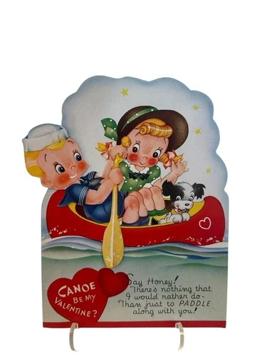 Vtg 30’s 40’s Valentine Canoe Be My Valentine Canoe Paddle Boat Girl Mechanical
