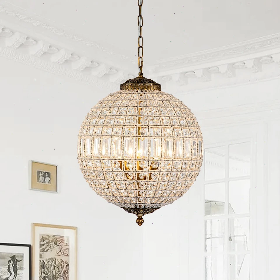 Retro Antique Bronze Crystal Globe Pendant Light Classic Ceiling Light Fixtures - Image 2 of 4