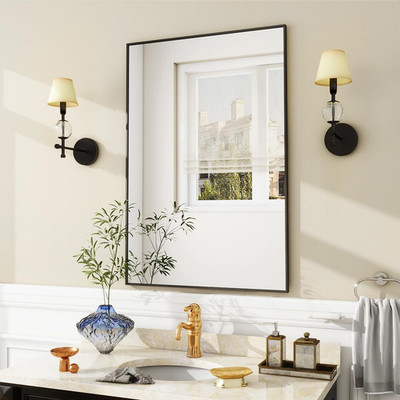 Black Bathroom Wall Mirror - 20'' X 28'' Rectangular Mirror with Metal Frame, Hang