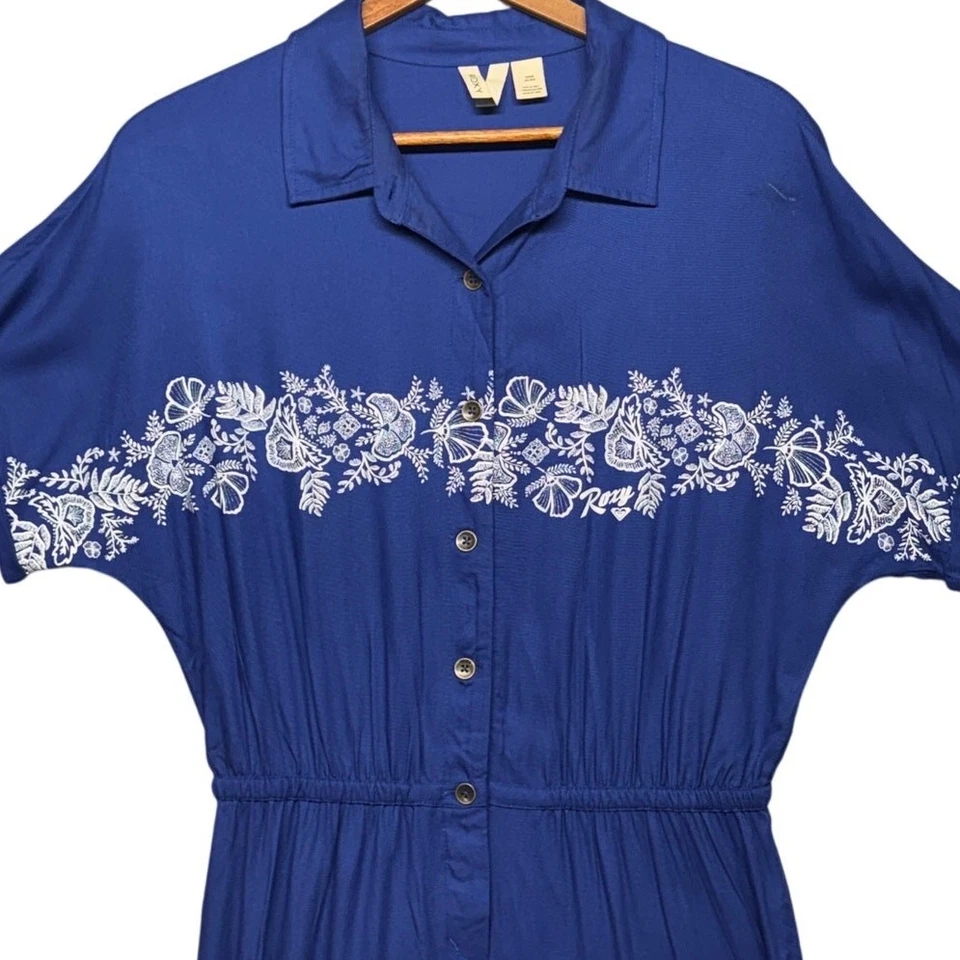 Roxy Blue Hawaiian Floral Short Sleeve Jumpsuit Pant Romper Women Medium - Image 2 of 4