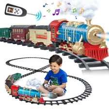 Kids Electric Train Set - Remote Control Blue Train Set w/Smoke, Sounds, Ligh...