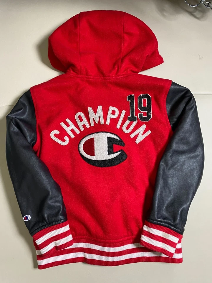 Champion Kids Hooded Red Black Varsity Jacket Size 6 Faux Leather Sleeves - Image 2 of 4
